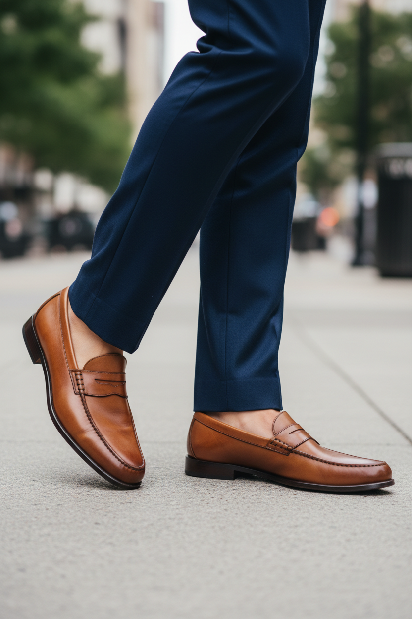 Classic penny loafers worn with formal trousers