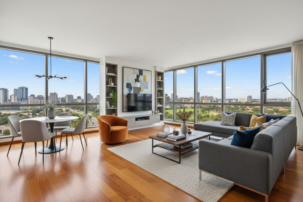 Modern living room with city view