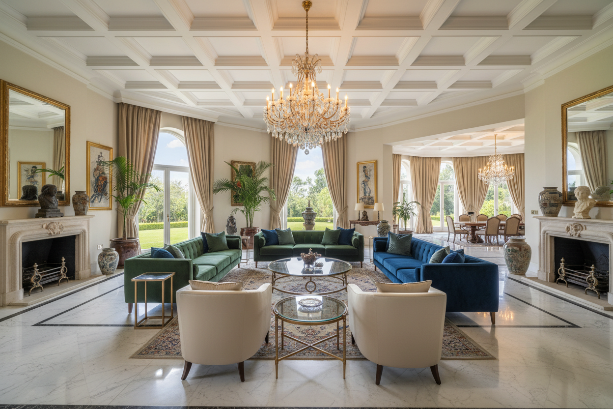Luxurious living room with high ceilings