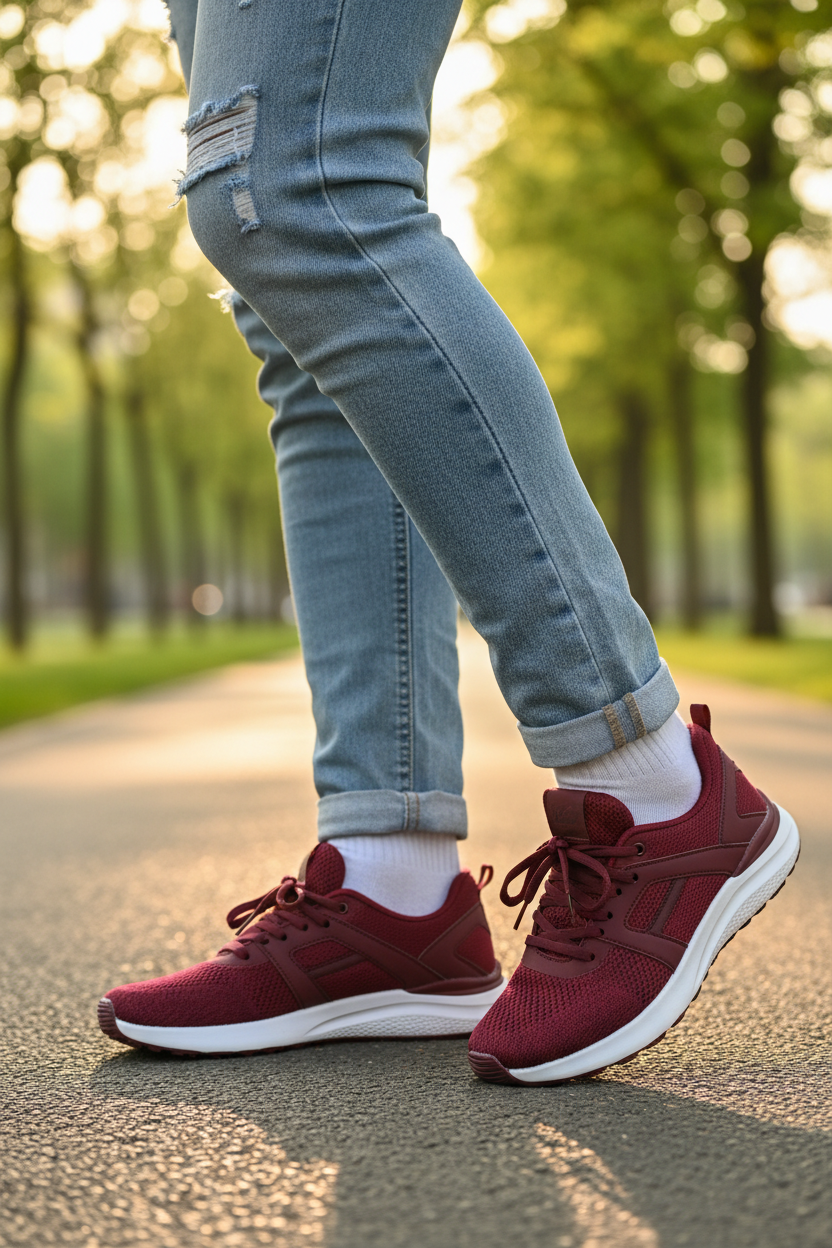Burgundy sneakers worn with jeans - lifestyle shot