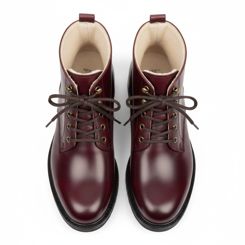 Burgundy ankle boots - top view showing laces