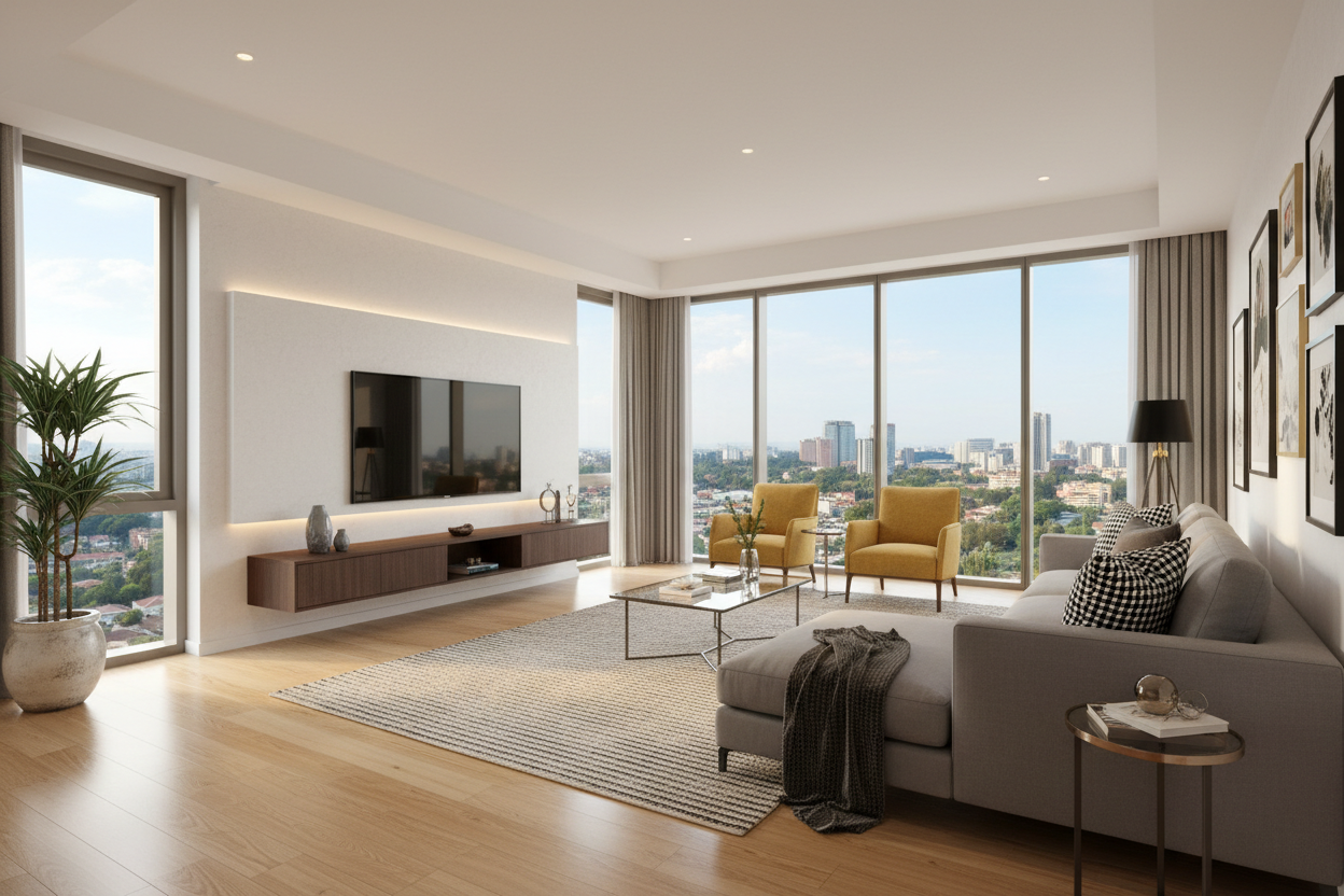 Modern living room with city view