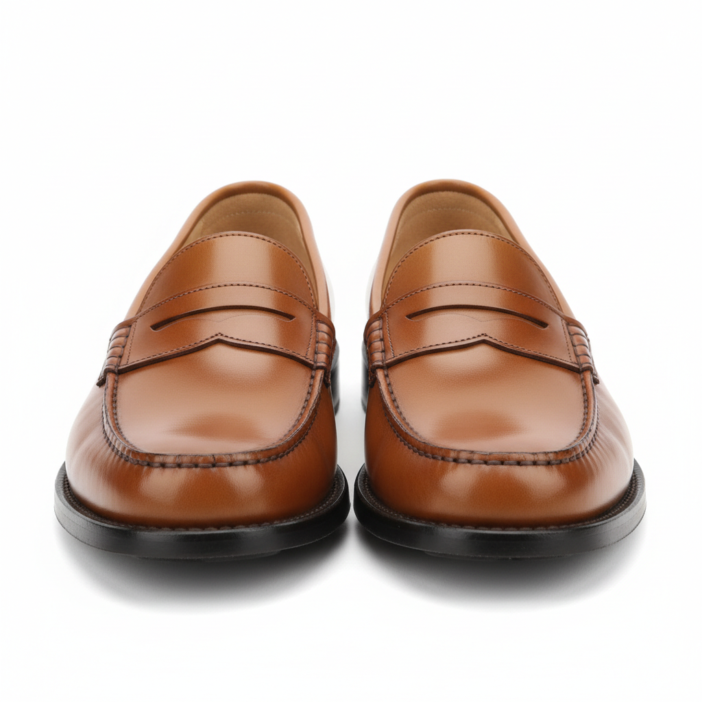 Classic tan brown penny loafer shoes - front view