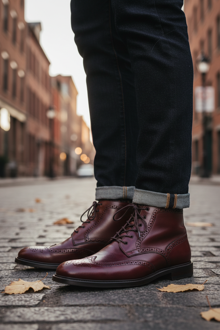 Burgundy ankle boots styled with jeans