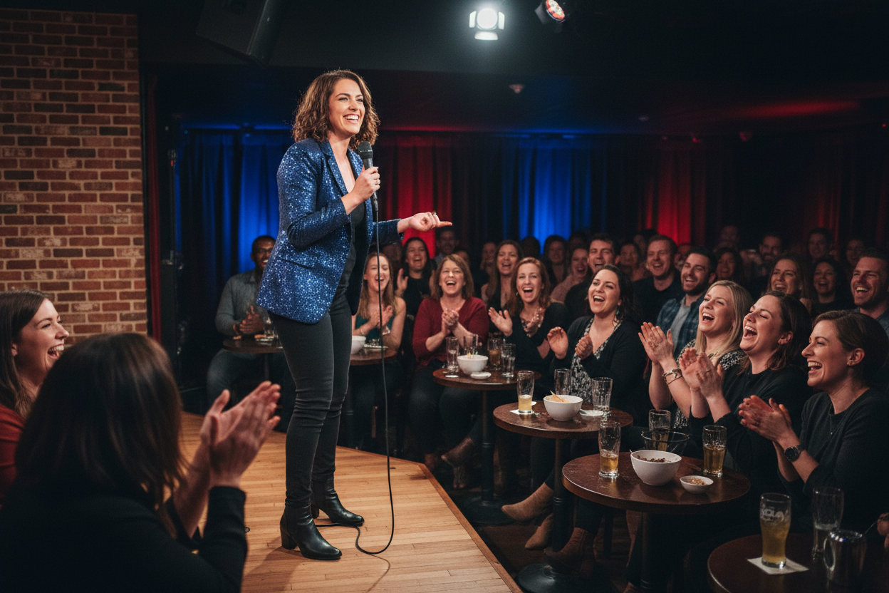 Female comedian performing