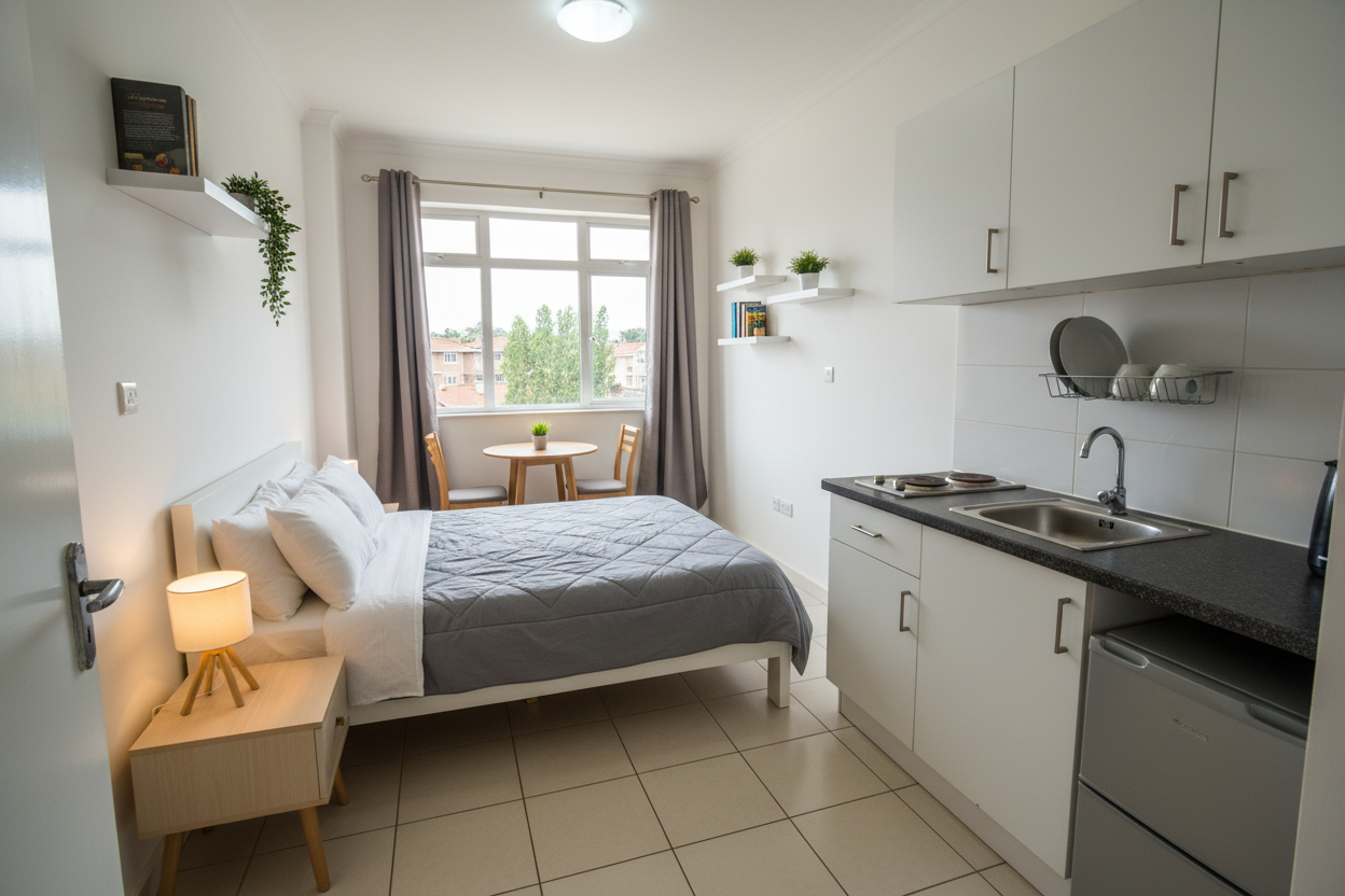 Bedsitter interior with kitchenette