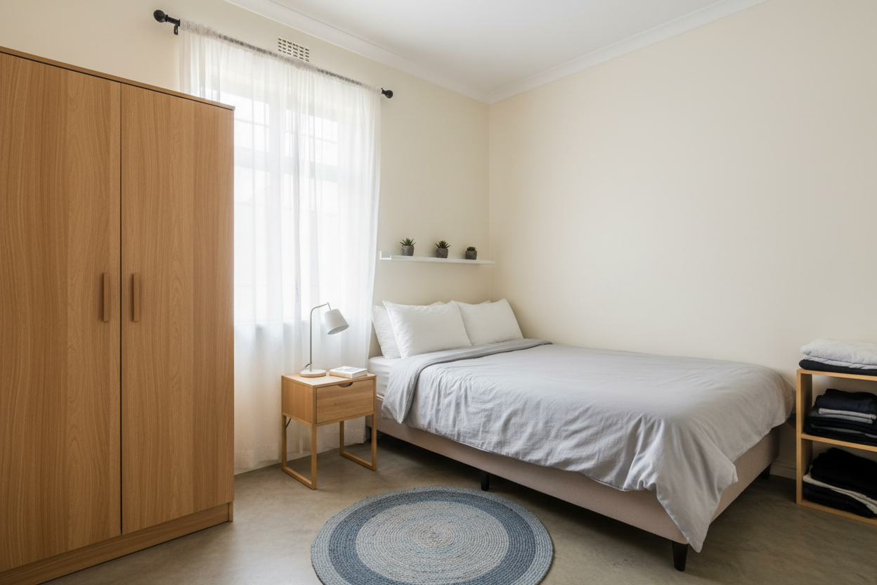 Bed area with wardrobe
